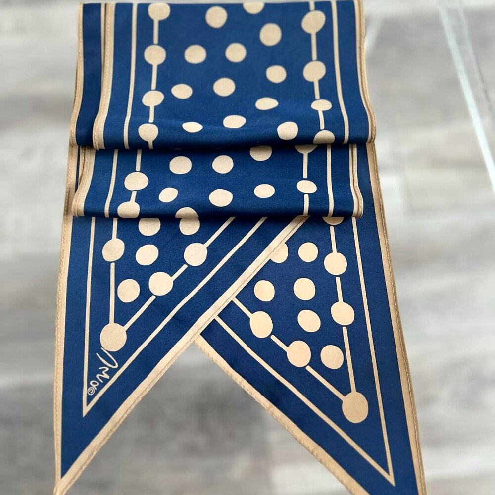 Vintage MCM Vera Neumann Navy & Sand Polka Dot Pure Silk Long Scarf